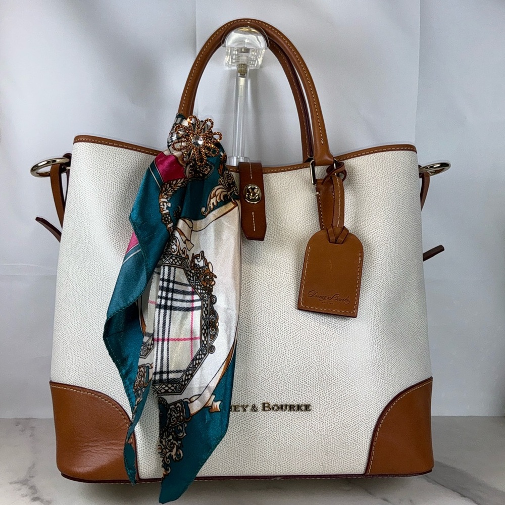 Dooney & Bourke Cream Canvas Tote with Brown Leather Trim and Matching Pouch - Picture 5 of 16